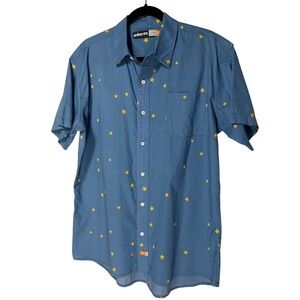 Ambsn California Mens XL Blue Yellow Star Print Short Sleeve Button Down Shirt